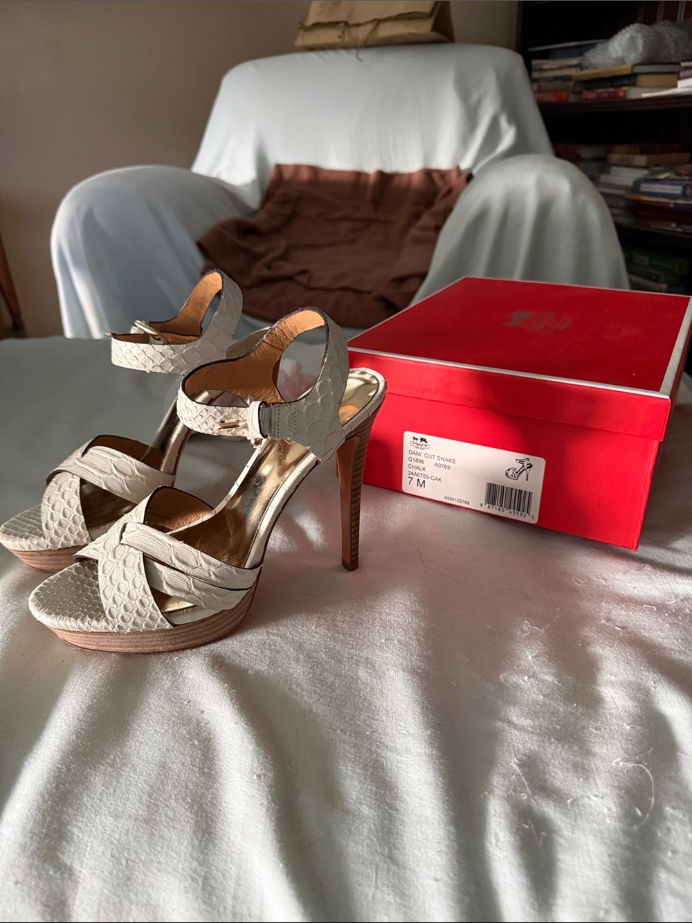 Coach Chalk Textured Leather High Heel Sandals